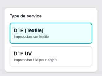 Sélection du service DTF ou DTF UV dans l'interface PrintElite