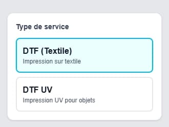 Sélection du service DTF ou DTF UV dans l'interface PrintElite