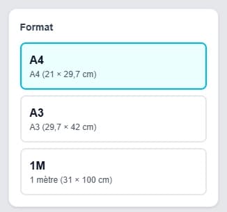 Choix du format A4, A3 ou 1 mètre